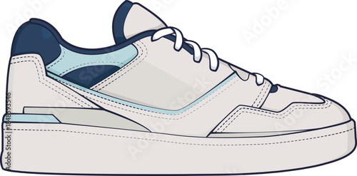 White and blue low top sneaker vector illustration. Casual streetwear tennis shoe icon isolated on white background.