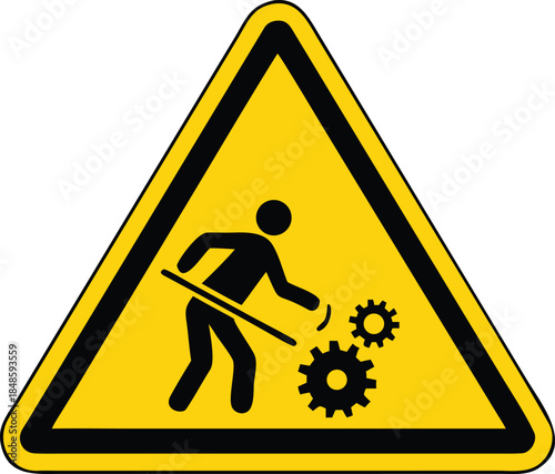 warning sign depicting a person falling into moving machinery and gears high quality