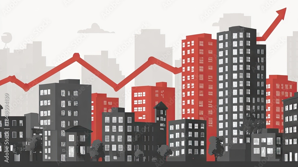 Obraz premium Urban real estate growth with rising arrow vector illustration