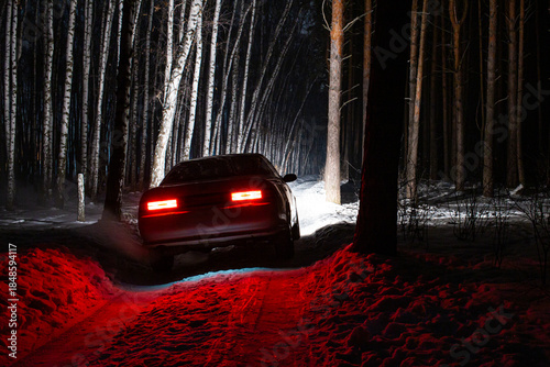 The car goes on a snowy road on a dark black night in winter. Headlights brightly illuminate the path and the forest after a snowfall