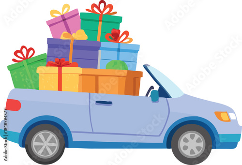 A light blue car overflows with colorful wrapped gifts and festive decorations