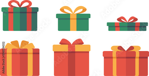 Set of colorful Christmas gift boxes with ribbons, festive holiday present vector illustration for celebration