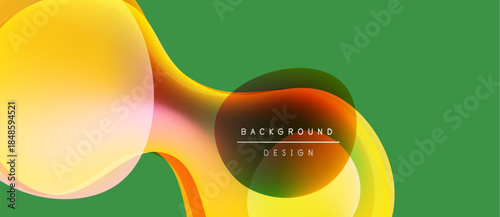 Abstract fluid shapes overlap, creating vibrant yellow, orange, pink hues on green backdrop. Modern design element.