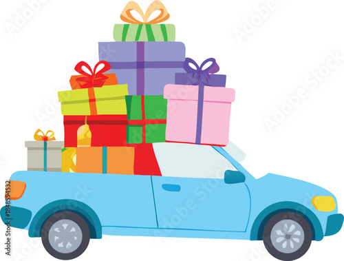 A blue car loaded with colorful gift boxes ready for holiday deliveries