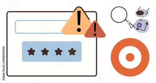 Warning icons with five-star rating interface, magnifying glass, AI robot, and target icon. Ideal for cybersecurity, review systems, online safety, inspection, quality control focus and analysis