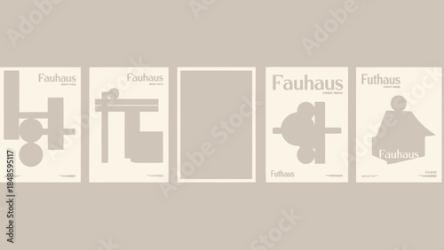 Fauhaus bauhaus style graphic design posters with geometric shapes and typography on beige background