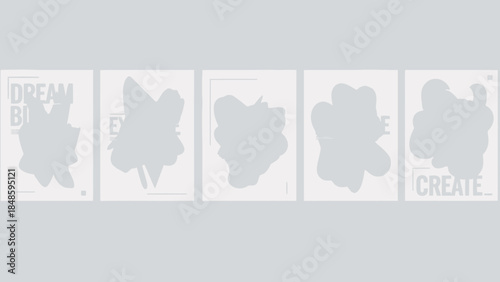 Five gray silhouette art templates with inspirational quotes on white background for creative design