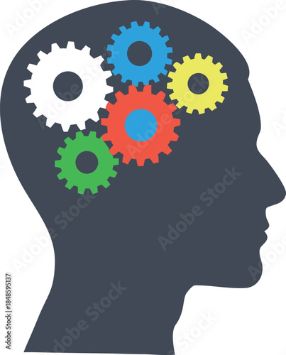 A silhouette of a head with colorful gears inside representing thought processes