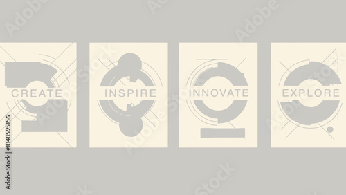 Set of four beige inspirational posters with gray motivational words create inspire innovate explore