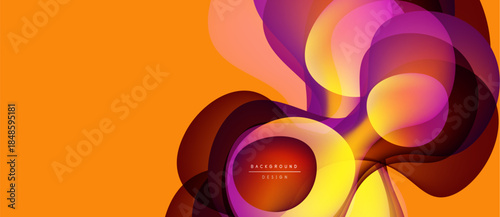 Abstract design features overlapping colorful shapes. Orange dominates background, with purple, pink, brown accents. Modern, dynamic composition.