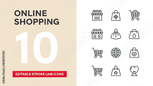 Online Shopping Editable Stroke Line Icons Collection.