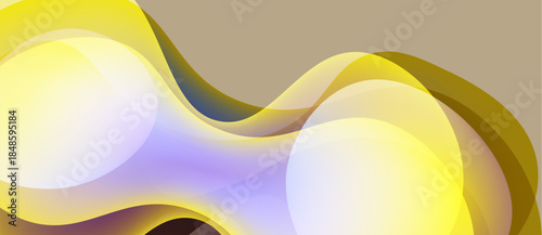Abstract design features flowing yellow shapes, white orbs, lavender hues. Soft gradients create dynamic visual texture. Minimalist composition.