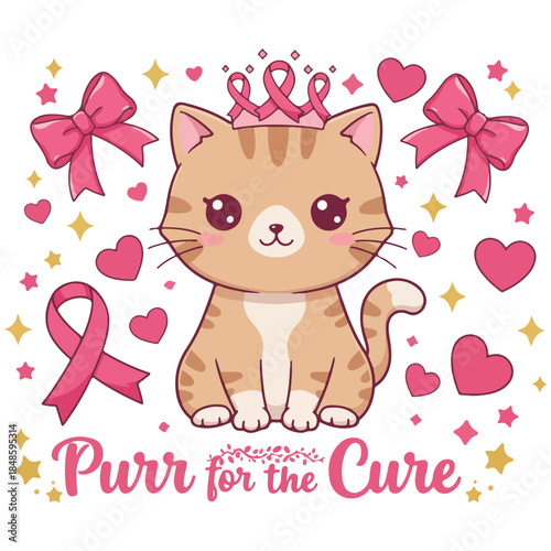 Purr for the Cure Cancer Awareness Vector with Cute Kitten and Pink Ribbons