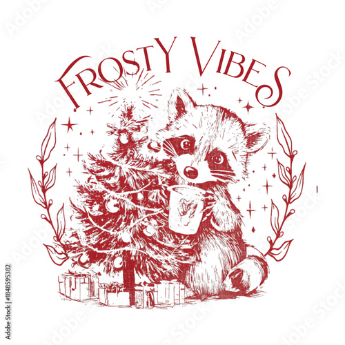 Frosty Vibes Christmas Raccoon Vector Illustration with Christmas Tree and Mug