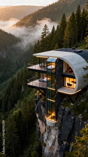 Hyper-real 8K architectural visualization of a completed two-story futuristic villa embedded into a mountain cliff edge, overlooking a deep green valley with dense pine forest and morning mist. Archit