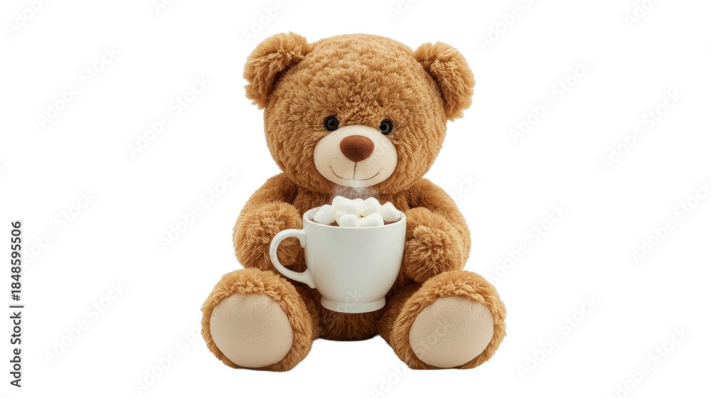 Obraz premium A large brown teddy bear sitting and holding a white mug filled with marshmallows on a plain white background