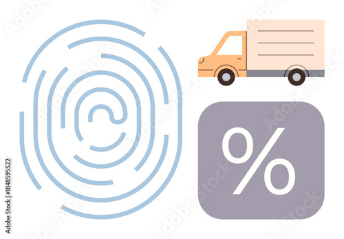 Biometric fingerprint, delivery truck, and percentage icon suggesting data security, freight logistics, cost analysis, and digital accessibility. Ideal for technology, shipping, e-commerce finance