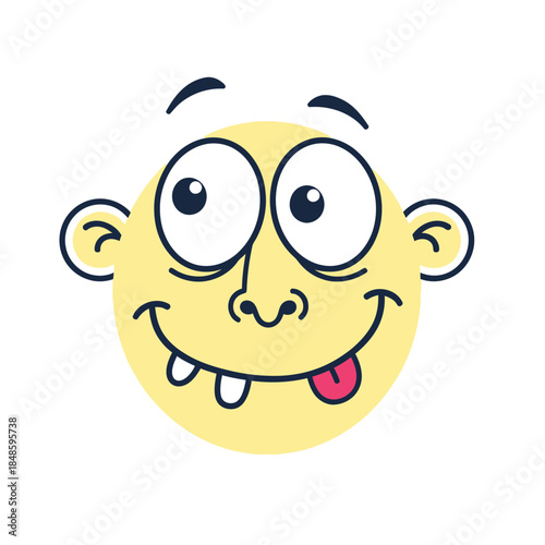 Funny cartoon face with silly expression and tongue out.