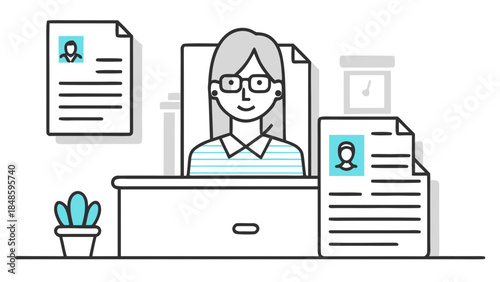 Illustration of a woman at a desk with documents and a plant in an office environment setting