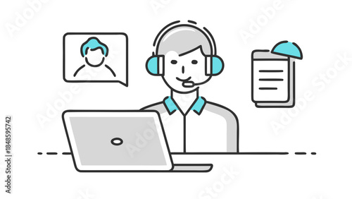 Illustration of a customer service representative with headset, laptop, and document icon, call center agent