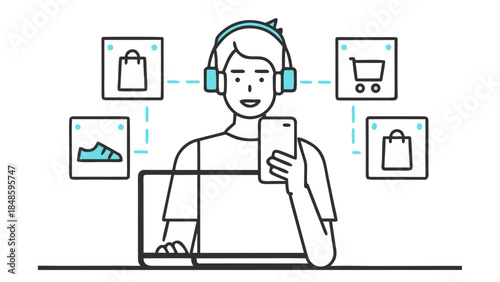 Person with headphones using a laptop and phone surrounded by shopping related icons in a modern style