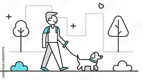 Illustration of a person walking a dog in a park with trees and buildings in the background scene view