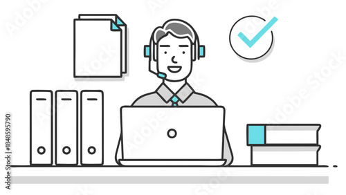 Customer service representative with headset working on laptop with files and check mark symbol near by