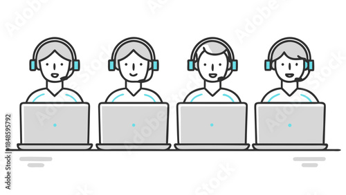 Four customer service representatives with headsets working on laptops in a row at a call center
