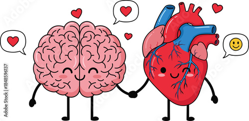 Cartoon brain and heart holding hands, smiling faces, emotional intelligence and harmony concept, flat vector illustration, white background