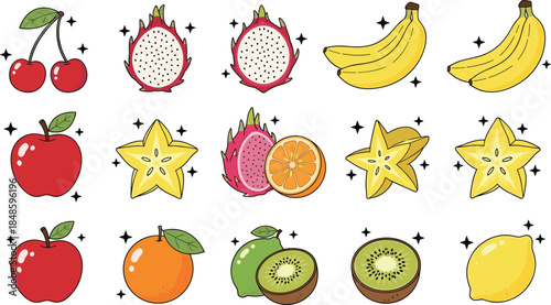 Cartoon fruit grid with cherries, dragon fruit, citrus, kiwi, starfruit, colorful healthy food theme, flat vector illustration