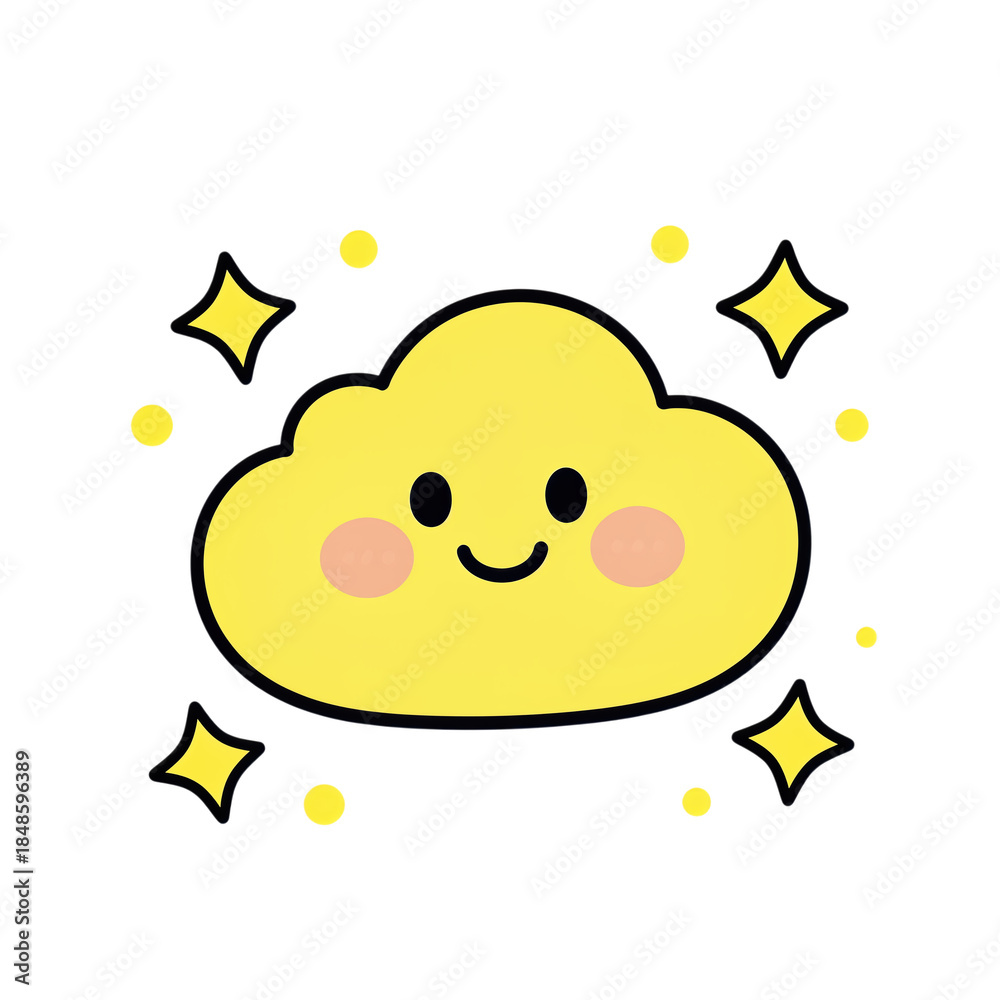 Obraz premium Cute Yellow Cloud with Pink Cheeks and Stars