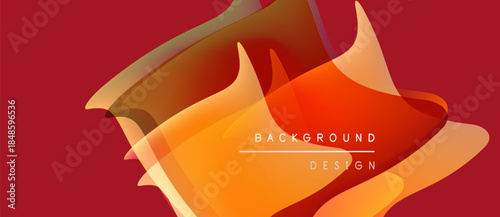 Abstract layers create warm color gradients. Red background emphasizes orange, yellow shapes. Modern design element for digital projects.