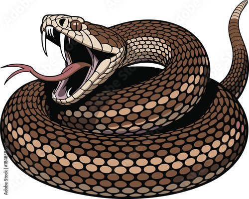 Coiled snake with open mouth, sharp fangs, forked tongue, realistic brown scales, striking posture, isolated on white background, flat vector illustration