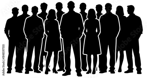 A line of diverse silhouettes stands together in unity, symbolizing teamwork, community, and collaboration. Suitable for business, education, and social themes focused