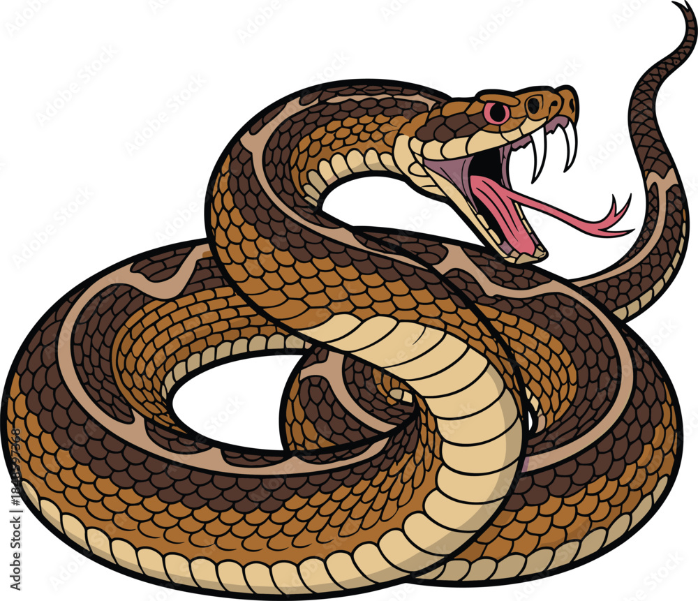 Fototapeta premium Venomous snake coiled with open mouth, fangs exposed, forked tongue, patterned scales, defensive posture, isolated on white background, flat vector illustration