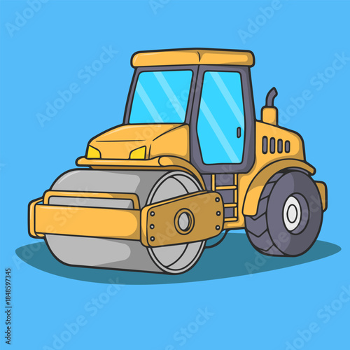 Construction road roller compactor vector illustration icon for asphalt paving highway building and industrial engineering.