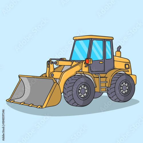 Industrial wheel loader tractor vector illustration icon for construction earthmoving sand loading and heavy machinery.
