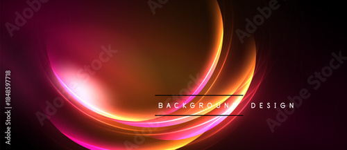 Abstract background features vibrant orange, pink glows. Smooth curves create dynamic energy, modern design element. Dark space surrounds bright shapes.