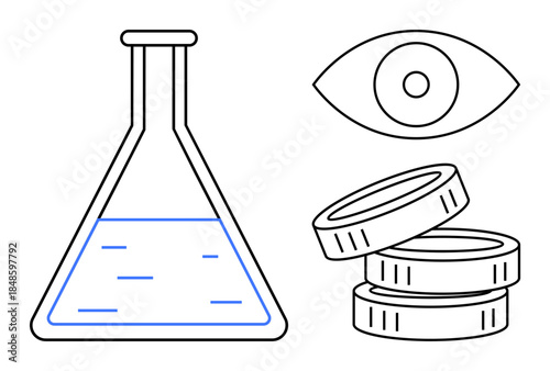 Scientific research, innovation, investment, knowledge, economics, experimentation. Outline of a lab flask, an eye and stacked coins. Scientific research and innovation concept