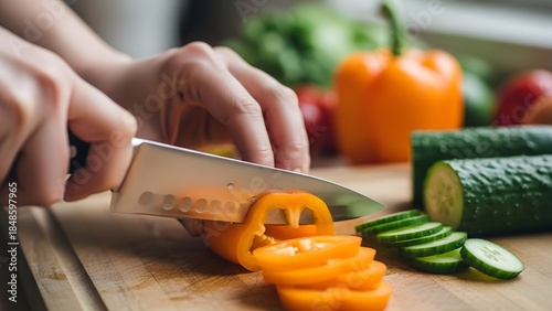 Hands slicing vegetables on a wooden cutting board with a sharp knife