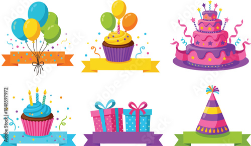 Colorful birthday party vector set featuring balloons, cakes, cupcakes, gift boxes, party hat, festive ribbons, and celebratory decorations on white background