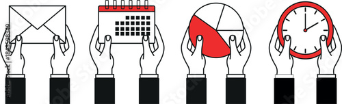 Minimalist hands holding office tools, mail, calendar, chart, clock vector isolated on a white background