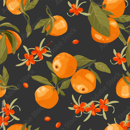 Seamless vector illustration of delicious tangerines hanging and sea buckthorn on a black background. on a branch. Ideal for decorating textiles, packaging, and wallpapers.