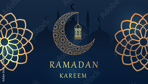 Golden ramadan kareem background with crescent, lantern, mosque and mandala.