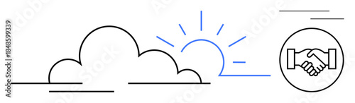 Cloud computing concept. Cloud computing ed by clouds, sunburst, and a handshake icon. Cloud computing enables collaboration, data sharing, and connectivity. Perfect for teamwork, business