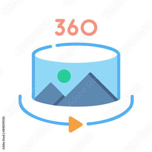 360 degree view cylinder graphic with landscape inside and rotating arrow