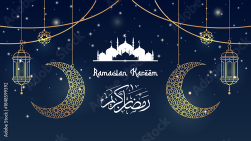 Ramadan kareem background with moons, stars, mosque, lanterns, gold on blue. Perfect for festive greetings, social media and presentations