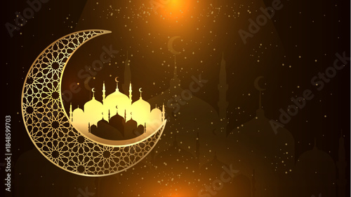 Ramadan kareem background with golden mosque silhouettes and crescent moon. Eid Mubarak background. Perfect for festive religious videos and social media posts.