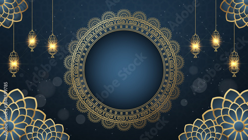 Ramadan kareem background in blue and gold islamic design with glowing lanterns. Eid mubarak islamic background. suitable for festive greetings and cultural celebrations.