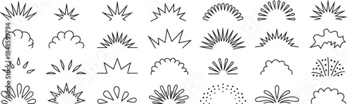 Hand drawn abstract burst doodle shapes collection line art explosions clouds decorative elements vector illustration set for design branding backgrounds